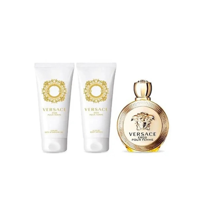 Versace Eros Pour Femme rinkinys EDP 100 ml, kūno losijonas 100 ml, dušo želė 100 ml ir kosmetinė