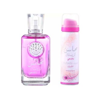 Lattafa Mahasin Crystal Violet dovanų rinkinys – EDP 100 ml ir purškiamas dezodorantas 75 ml 2