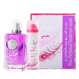 Lattafa Mahasin Crystal Violet dovanų rinkinys – EDP 100 ml ir purškiamas dezodorantas 75 ml