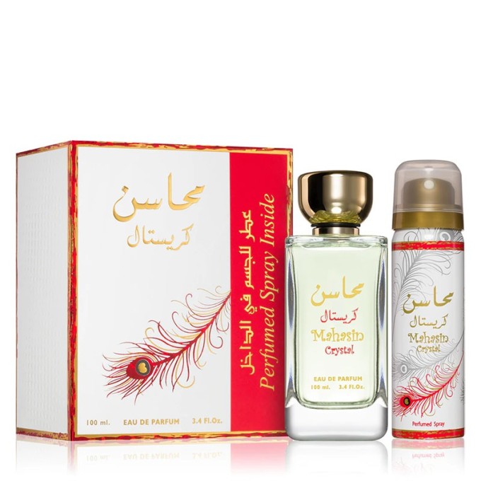 Lattafa Mahasin Crystal dovanų rinkinys – EDP 100 ml ir purškiamas dezodorantas 75 ml