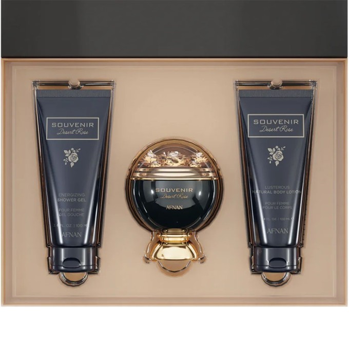 Afnan Souvenir Desert Rose dovanų rinkinys – EDP 100 ml, dušo želė 100 ml ir kūno losjonas 100 ml