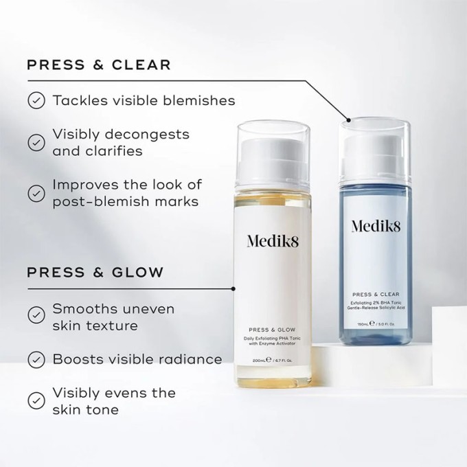 Medik8 Press & Clear Exfoliating 2% BHA Tonic - švelnus šveičiamasis tonikas su 2% BHA, 150 ml