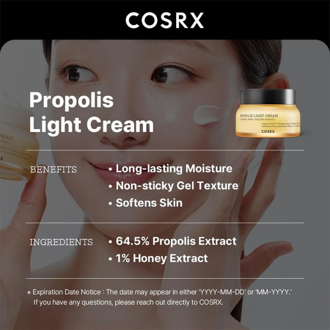 COSRX Propolis Light Cream - drėkinamasis odos kremas su propoliu, 65 ml