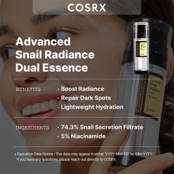 COSRX Advanced Snail Radiance Dual Essence - odos emulsija su sraigių sekretu, 80 ml
