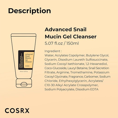 COSRX Advanced Snail Mucin Gel Cleanser - valomasis odos gelis, 150 ml