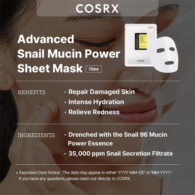 COSRX Advanced Snail Mucin Power Essence Sheet Mask - veido kaukė, 10 x 25 ml