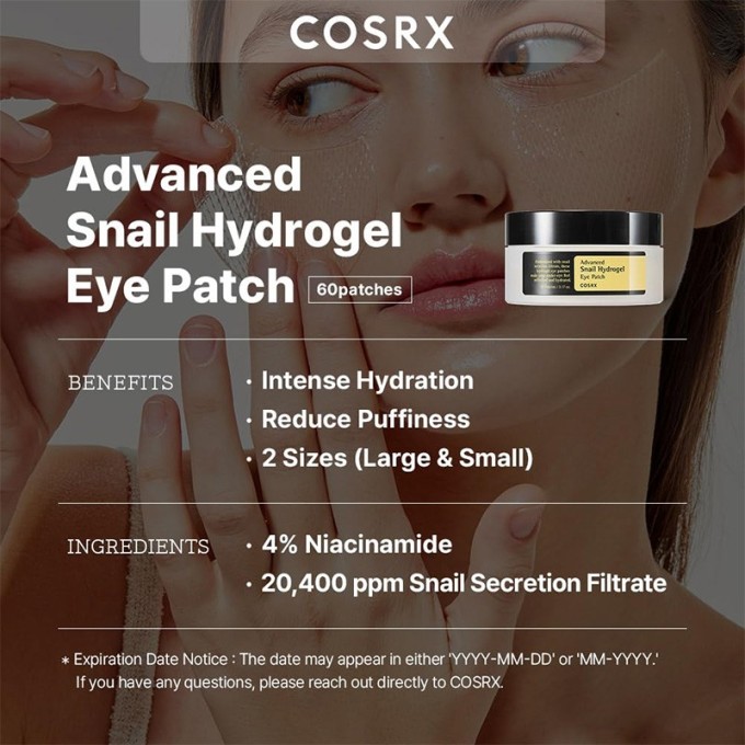 COSRX Advanced Snail Hydrogel Eye Patch - paakių pagalvėlės su sraigių esencija ir niacinamidu, 60