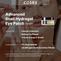 COSRX Advanced Snail Hydrogel Eye Patch - paakių pagalvėlės su sraigių esencija ir niacinamidu, 60