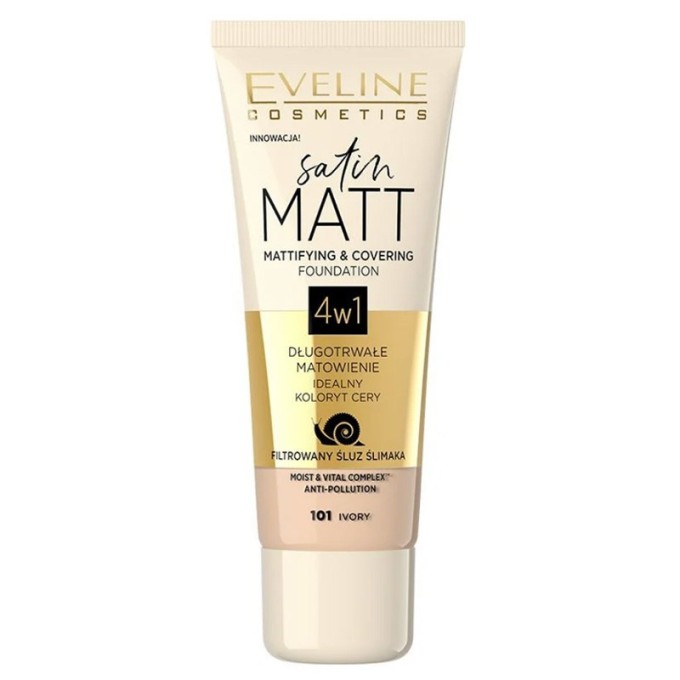 Eveline Cosmetics Satin Matt Mattifying & Covering Foundation 4in1 - makiažo pagrindas su matiniu
