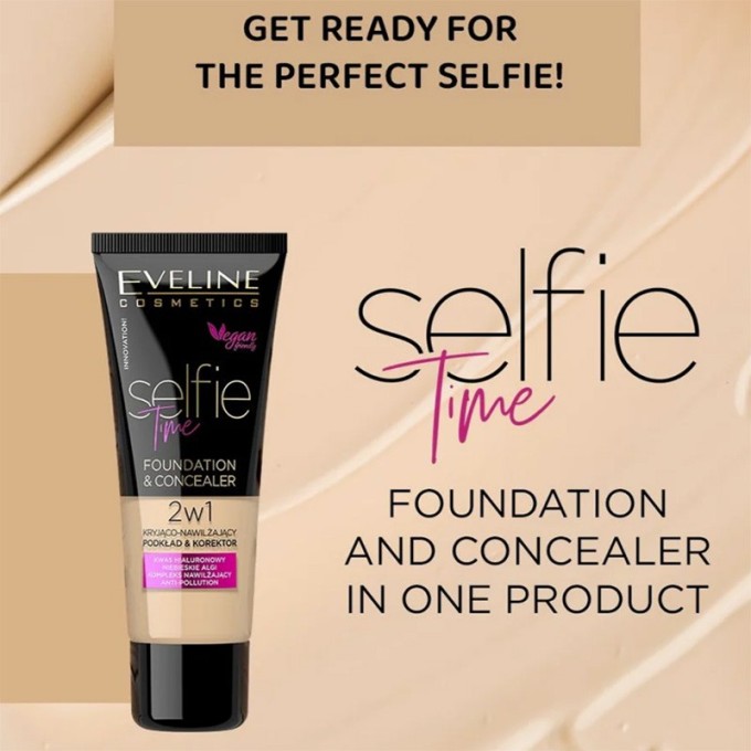 Eveline Cosmetics Selfie Time 2in1 Foundation & Concealer - makiažo pagrindas ir maskuoklis, 30 ml
