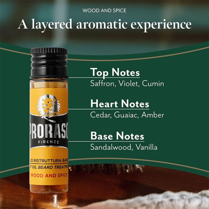 Proraso Wood & Spice Hot Oil Beard Treatment - restruktūrizuojantis barzdos aliejus, 4 x 17 ml (68