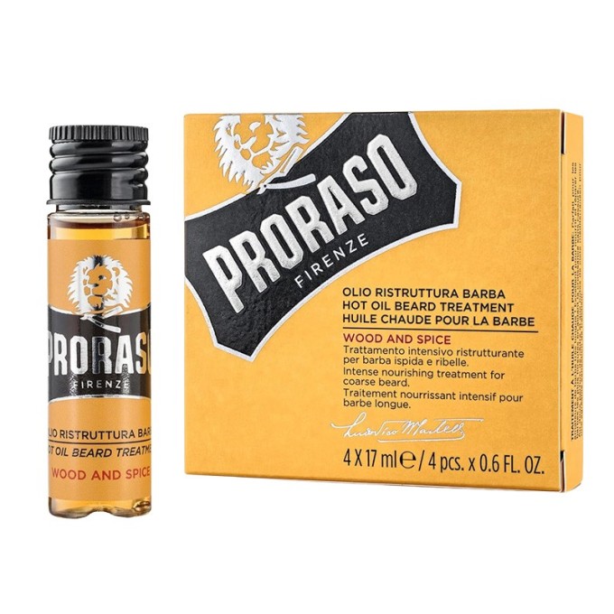 Proraso Wood & Spice Hot Oil Beard Treatment - restruktūrizuojantis barzdos aliejus, 4 x 17 ml (68