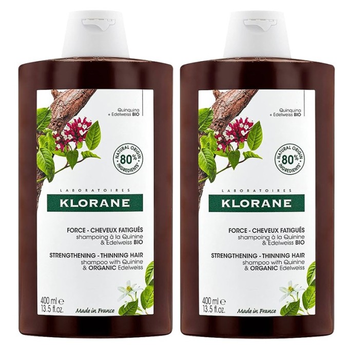 Klorane Strengtehing & Revitalizing Shampoo With Quinine - šampūnas nuo plaukų slinkimo, 2 x 400 ml
