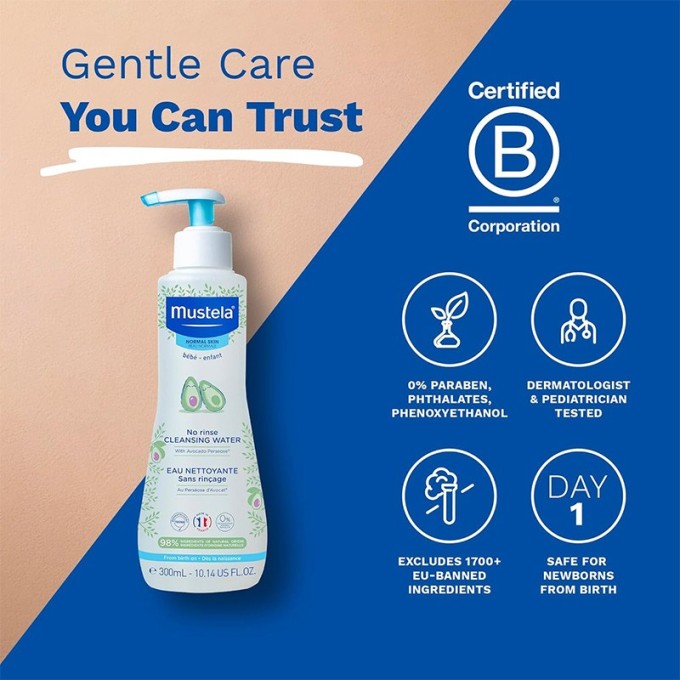 Mustela Bébé Cleansing Water No-Rinse - micelinis vanduo veidui ir kūnui vaikams, 500 ml