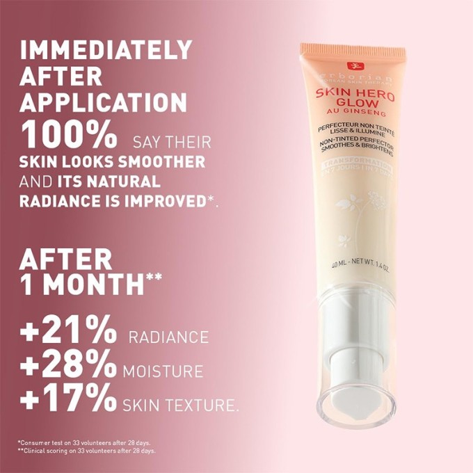 Erborian Skin Hero Glow Non Tinted Perfector Smoothes & Brightens - Tobulinantis ir skaistinantis