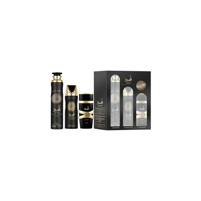 Lattafa Perfumes Asad Gift Set - rinkinys - EDP 100 ml, dezodorantas 200 ml ir oro gaiviklis 300 ml