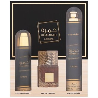 Lattafa Perfumes Khamrah Gift Set - rinkinys - EDP 100 ml, dezodorantas 200 ml ir namų kvapas 300 ml