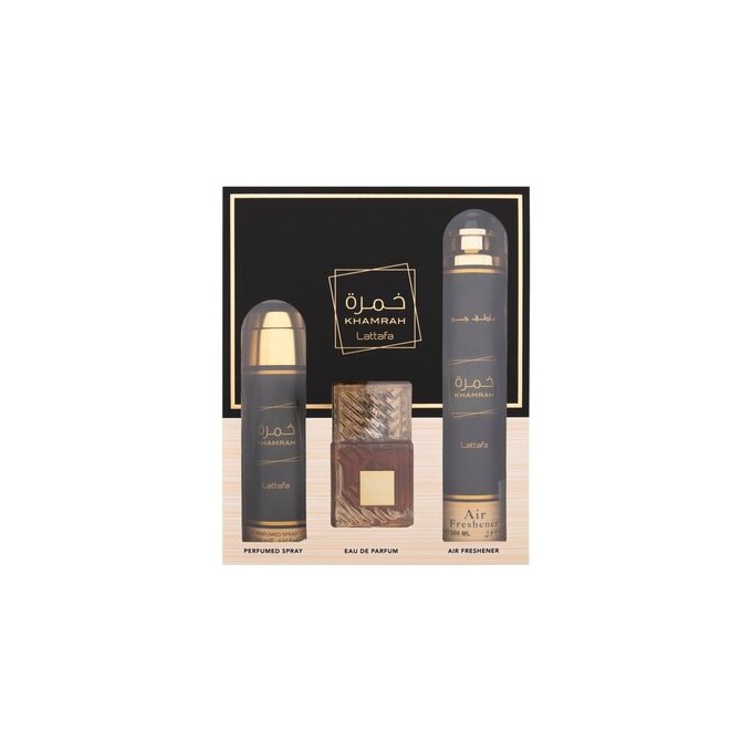 Lattafa Perfumes Khamrah Gift Set - rinkinys - EDP 100 ml, dezodorantas 200 ml ir namų kvapas 300 ml