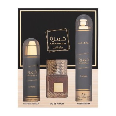 Lattafa Perfumes Khamrah Gift Set - rinkinys - EDP 100 ml, dezodorantas 200 ml ir namų kvapas 300 ml