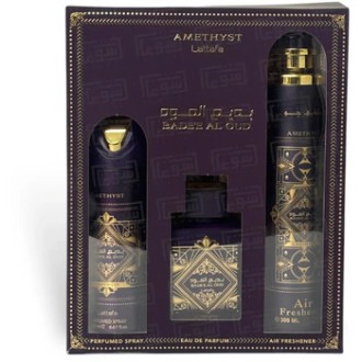 Lattafa Perfumes Bade'e Al Oud Amethyst Dárková sada EDP 100 ml, deospray 200 ml a Air Freshener 300 ml 100ml