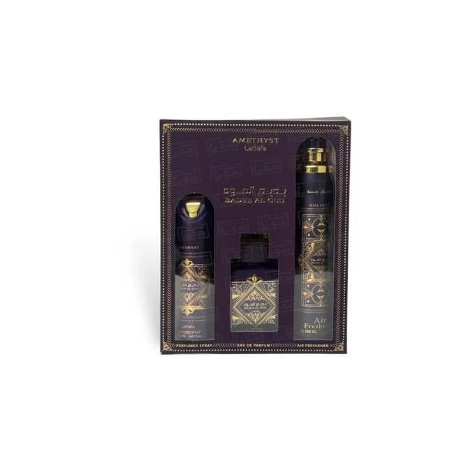 Lattafa Perfumes Bade'e Al Oud Amethyst Dárková sada EDP 100 ml, deospray 200 ml a Air Freshener 300 ml 100ml