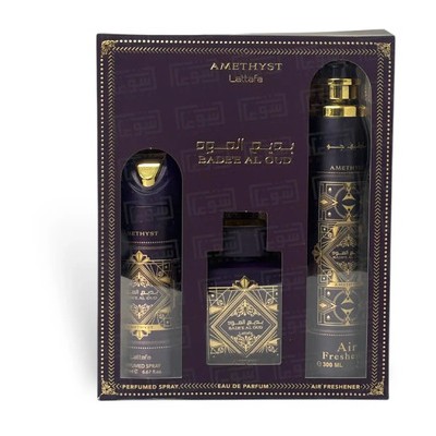 Lattafa Perfumes Bade'e Al Oud Amethyst Dárková sada EDP 100 ml, deospray 200 ml a Air Freshener 300 ml 100ml