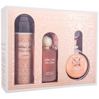 Lattafa Perfumes Fakhar Rose Dárková sada EDP 100 ml, deospray 200 ml a vlasová mlha 50 ml 100ml