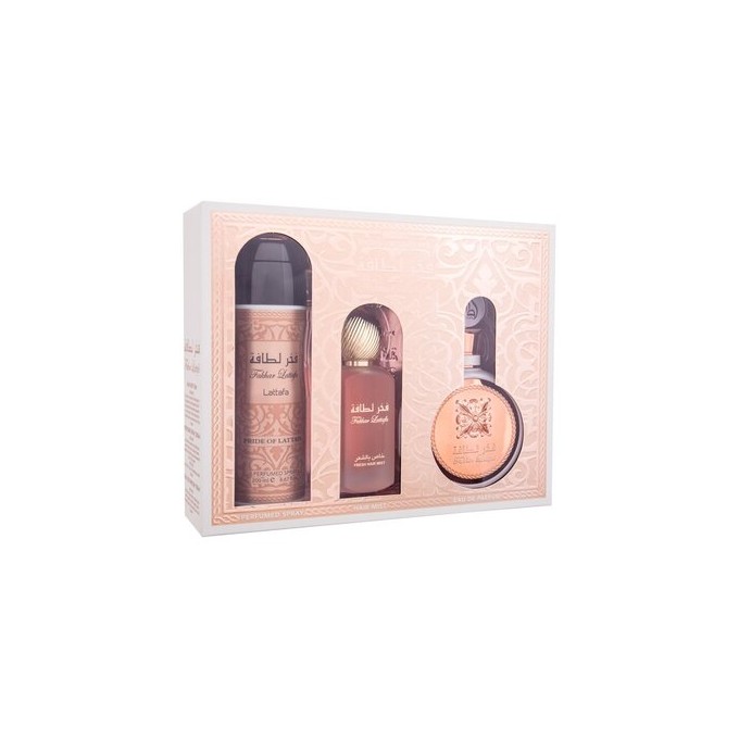 Lattafa Perfumes Fakhar Rose Dárková sada EDP 100 ml, deospray 200 ml a vlasová mlha 50 ml 100ml