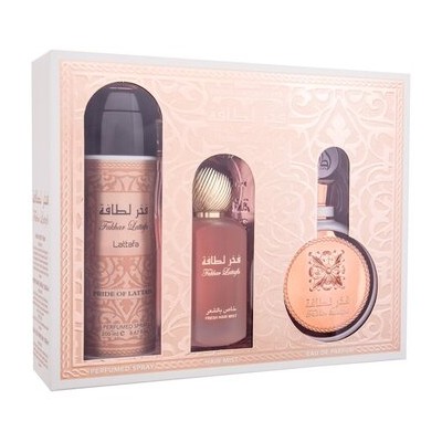 Lattafa Perfumes Fakhar Rose Dárková sada EDP 100 ml, deospray 200 ml a vlasová mlha 50 ml 100ml
