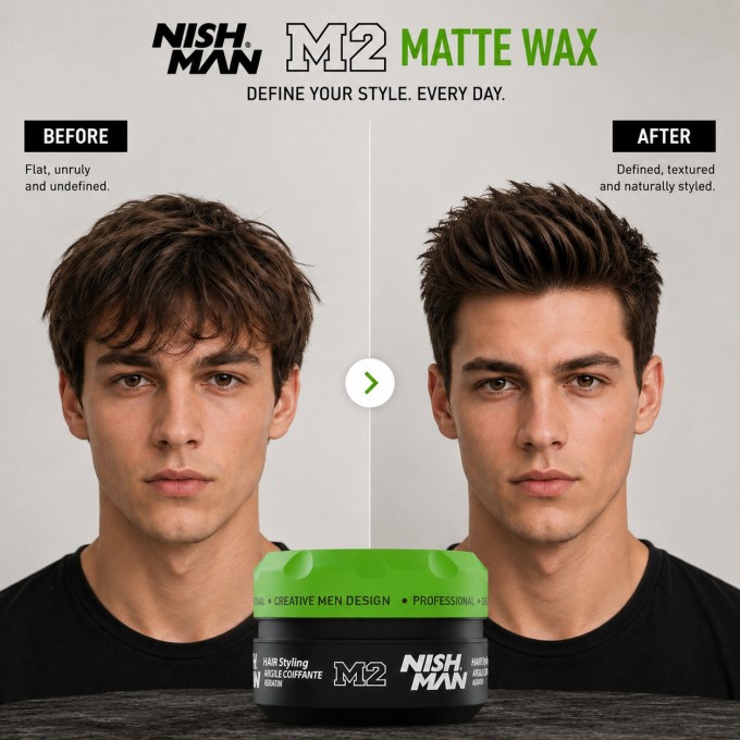 Nishman M2 Matte Clay Hair Styling Wax Keratin -  vyrų plaukų formavimo vaškas, 100 ml