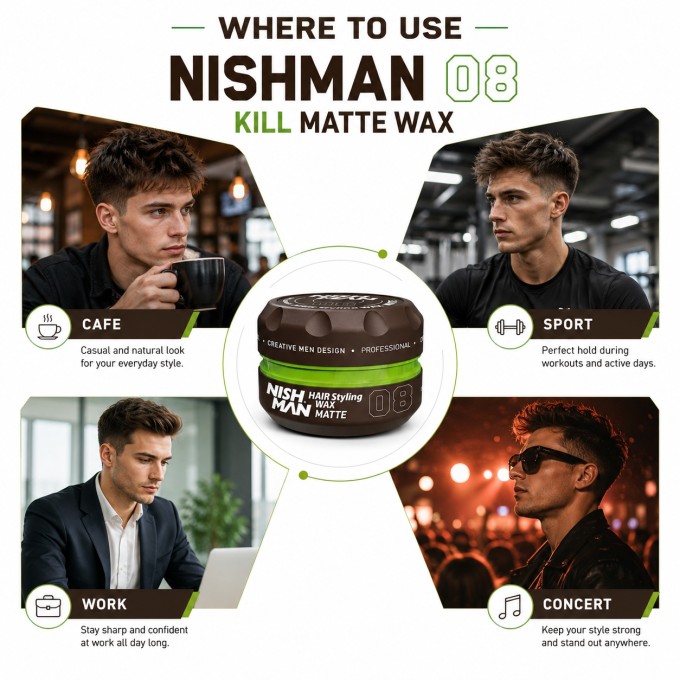 Nishman 08 Hair Styling Wax Matte -  stiprios fiksacijos plaukų formavimo vaškas vyrams, 150 ml