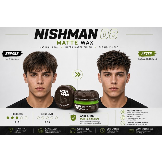 Nishman 08 Hair Styling Wax Matte -  stiprios fiksacijos plaukų formavimo vaškas vyrams, 150 ml