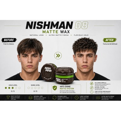 Nishman 08 Hair Styling Wax Matte -  stiprios fiksacijos plaukų formavimo vaškas vyrams, 150 ml