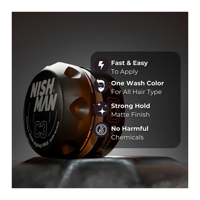 Nishman C3 Coloring&Styling Wax Dark Black - dvejopo poveikio plaukų formavimo priemonė, 100 ml