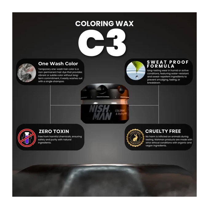 Nishman C3 Coloring&Styling Wax Dark Black - dvejopo poveikio plaukų formavimo priemonė, 100 ml