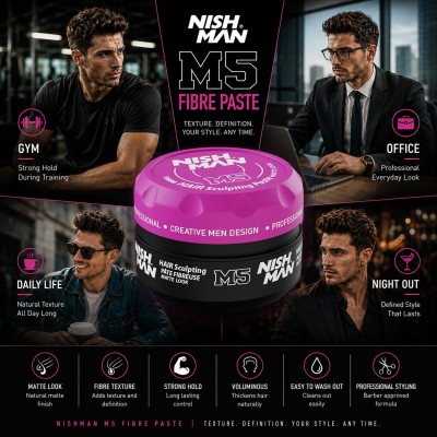 Nishman M5 Fibre Hair Sculpting Paste Matte Look - ypač stiprios fiksacijos plaukų formavimo pasta, 100 ml