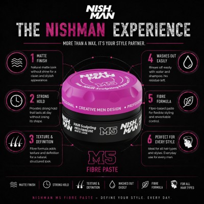 Nishman M5 Fibre Hair Sculpting Paste Matte Look - ypač stiprios fiksacijos plaukų formavimo pasta, 100 ml