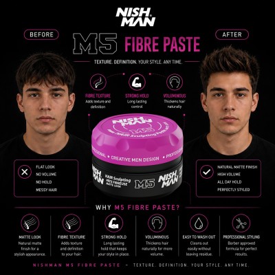 Nishman M5 Fibre Hair Sculpting Paste Matte Look - ypač stiprios fiksacijos plaukų formavimo pasta, 100 ml