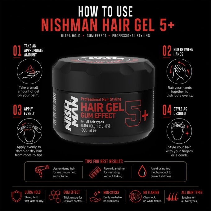 Nishman 5+ Hair Gel Gum Effect - itin stiprios fiksacijos plaukų želė, 300 ml
