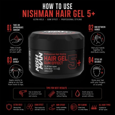 Nishman 5+ Hair Gel Gum Effect - itin stiprios fiksacijos plaukų želė, 300 ml