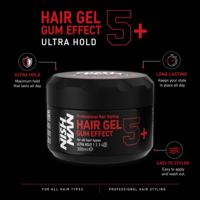 Nishman 5+ Hair Gel Gum Effect - itin stiprios fiksacijos plaukų želė, 300 ml