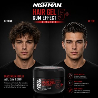 Nishman 5+ Hair Gel Gum Effect - itin stiprios fiksacijos plaukų želė, 300 ml 2