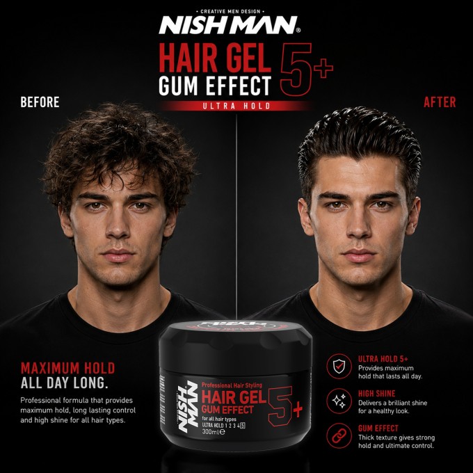 Nishman 5+ Hair Gel Gum Effect - itin stiprios fiksacijos plaukų želė, 300 ml