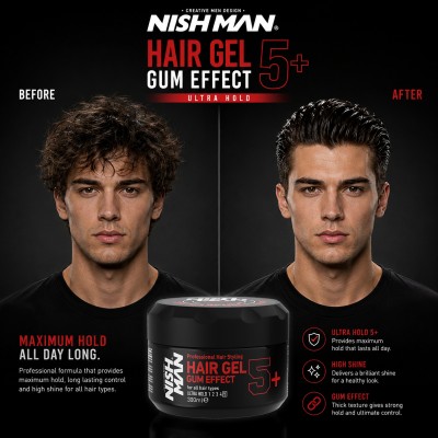 Nishman 5+ Hair Gel Gum Effect - itin stiprios fiksacijos plaukų želė, 300 ml