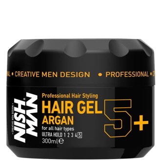 Nishman Hair Styling Argan 5+ Ultra Hold Gel - ypač stiprios fiksacijos plaukų formavimo gelis su gumos efektu, 300 ml
