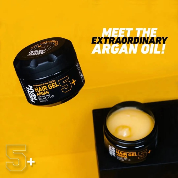 Nishman Hair Styling Argan 5+ Ultra Hold Gel - ypač stiprios fiksacijos plaukų formavimo gelis su gumos efektu, 300 ml
