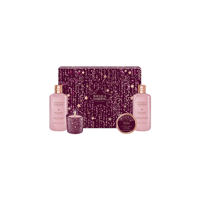 Baylis & Harding Luxury Gift Set with Candle ( Wild Cherry & Vanilla ) - Dárková sada péče o tělo se svíčkou ( 4 ks )