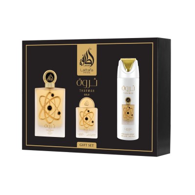 Lattafa Pride Tharwah Gold EDP 100 ml + EDP 20 ml + Bodyspray 200 ml – unisex kvepalų rinkinys