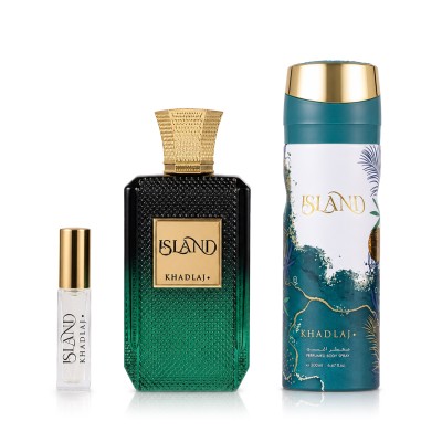 Khadlaj Island Extrait de Parfum 100 ml + Extrait de Parfum MINI 8 ml + DEO VAPO 200 ml – unisex kvepalų rinkinys