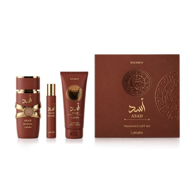 Lattafa Asad Bourbon EDP 100 ml + EDP MINI 12 ml + SG 100 ml – rinkinys vyrams